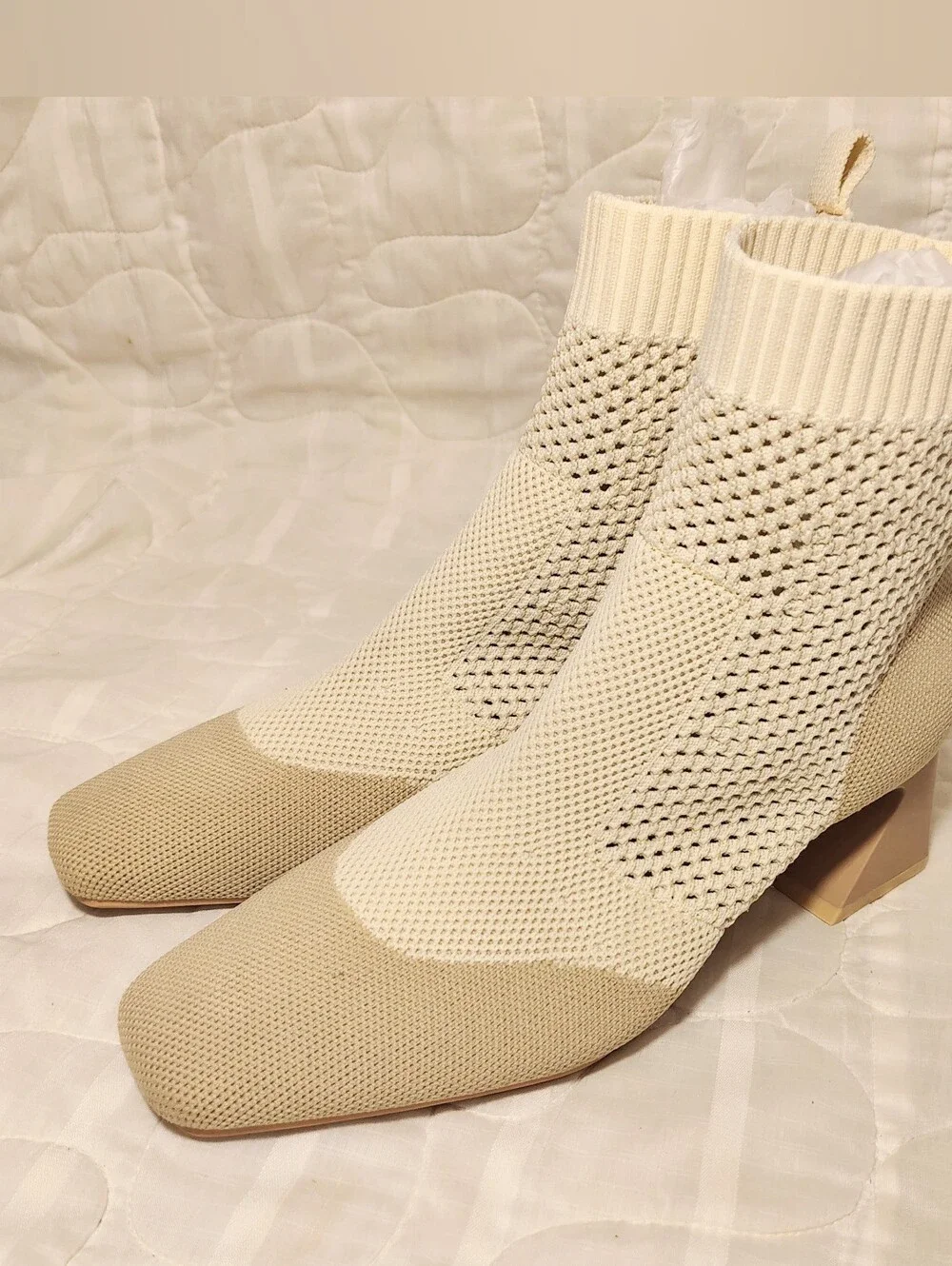 VIVAIA Melissa Square Toe Perforated Knit Sock Ankle Boots Cream Size 38 / 7.5